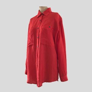 Vintage 1990s Express Bright Red Silk Long Sleeve Collared Blouse Shirt Top S